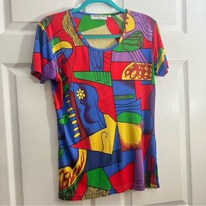 90s Silk Colorful Geometric Print Women's Top Giovanni Cieri M